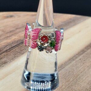 Silver-tone Buttterfly & Flowers Stretch Expandable Ring